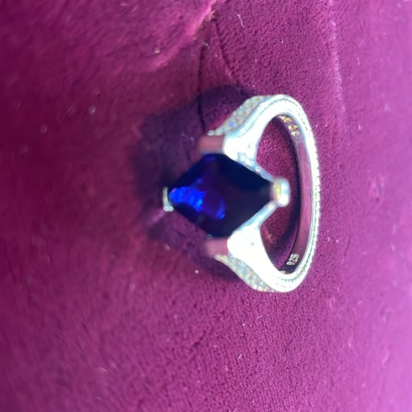 Kite Cut Dark Blue Gemstone Ring with CZ Accents - Cocktail Statement - Picture 4 of 10